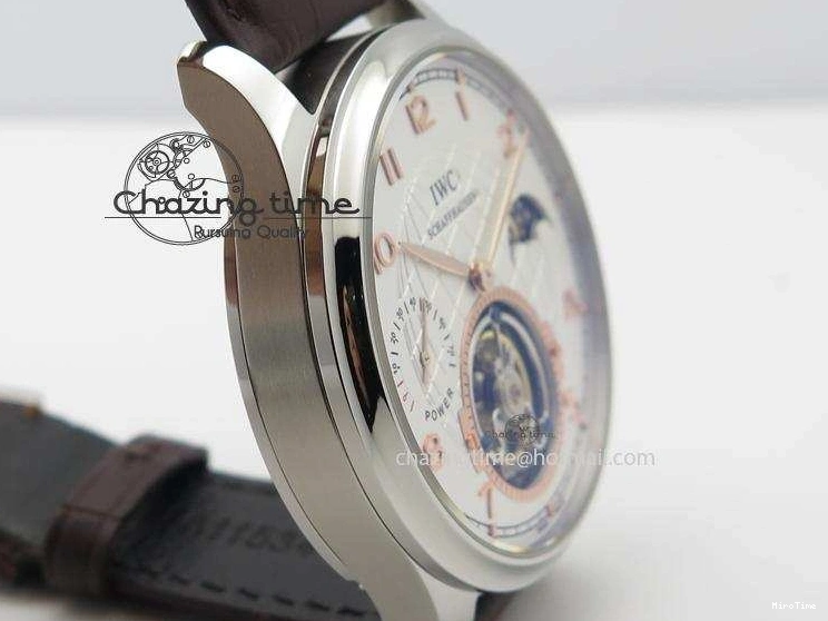 MIROTIME 0213 Chic Portuguese Tourbillon Power Reserve Moonphase SS White Dial Gold Numbers On Black Leather Strap 7319